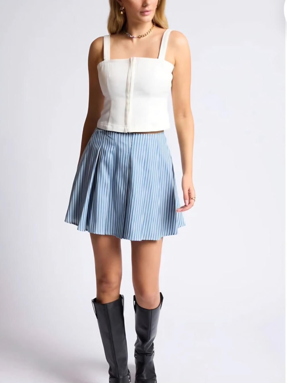 Sage Blue Striped Pleated Skater Skirt